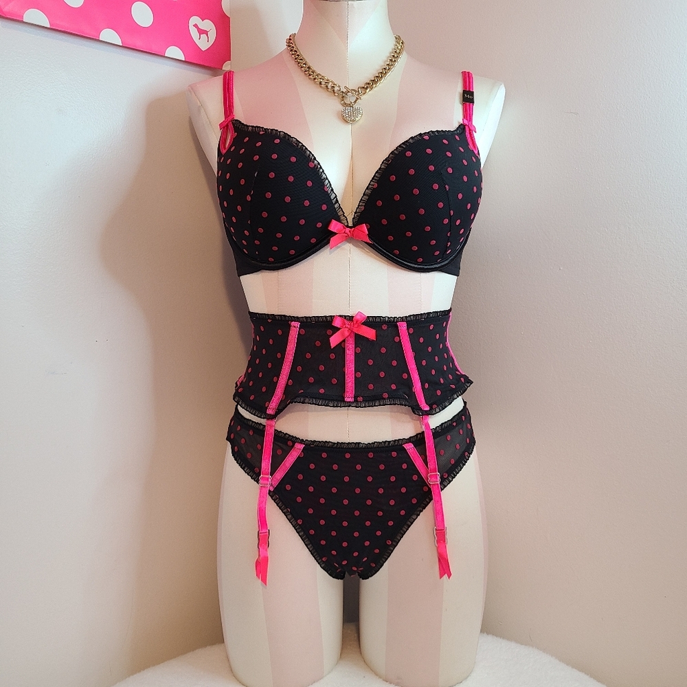 Rare VTG VS Sexy Little Things 3pc Polka-dot Pin-up Lingerie Set Size 34D/Lg - Picture 2 of 8